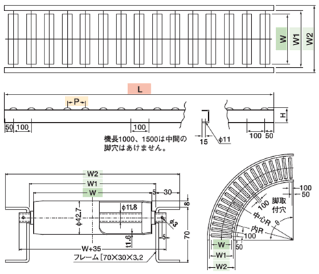 TS スチールローラコンベヤφ42.7-W600XP75X90°カーブ ( S42-600790R90